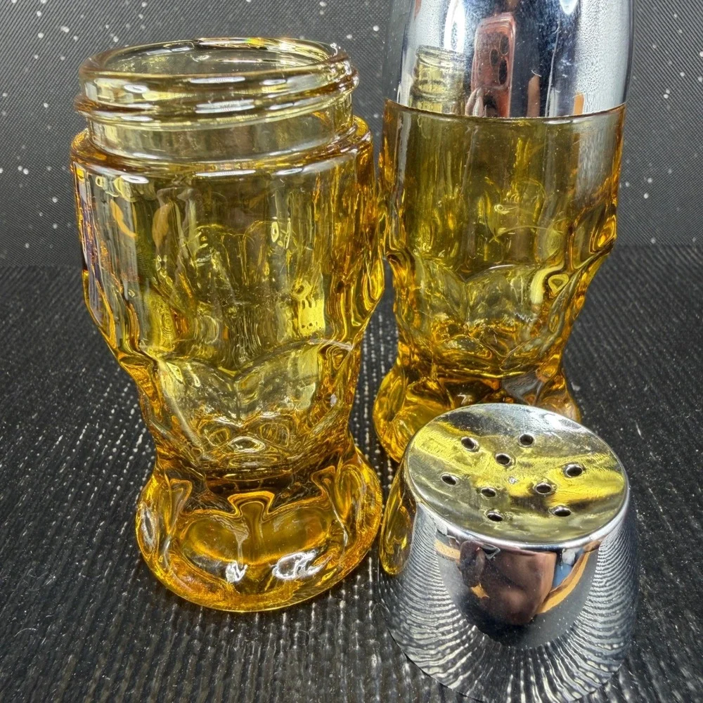 Anchor Hocking Amber Glass Salt and Pepper Shakers Chrome Tops Mid Century